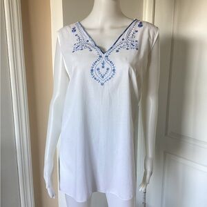 Nancy K White Blouse with Blue Embroidery.